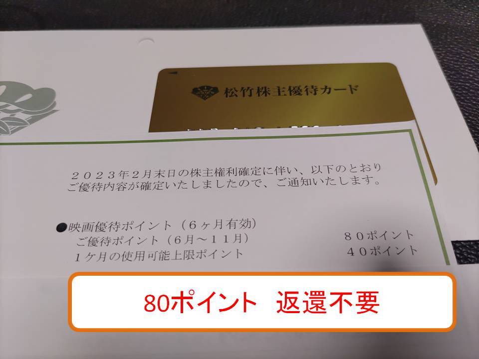【即決、送料込み、返却不要】松竹 株主優待カード 80ポイント 男性