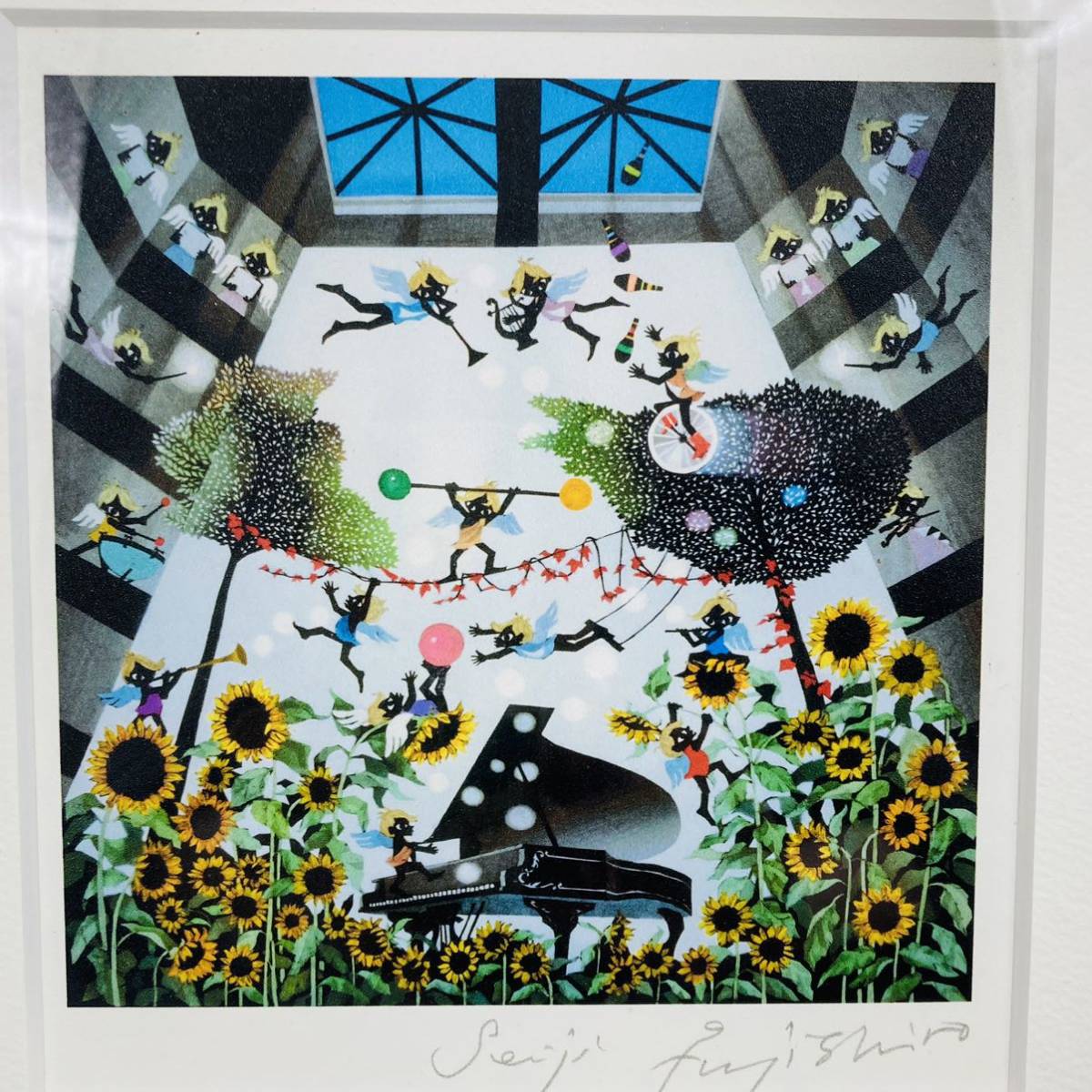 藤城清治 ひまわりと天使 人気影絵作家 レフグラフ 額装(石版画 
