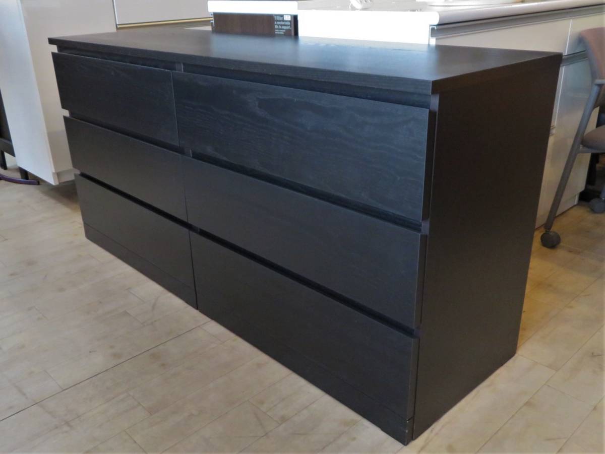 【愛知店舗】イケア MALM マルム チェスト 3段 引出し6個 幅160.5cm×奥行48.2cm×高さ78cm ブラック 引き出し 整理タンス 衣類収納