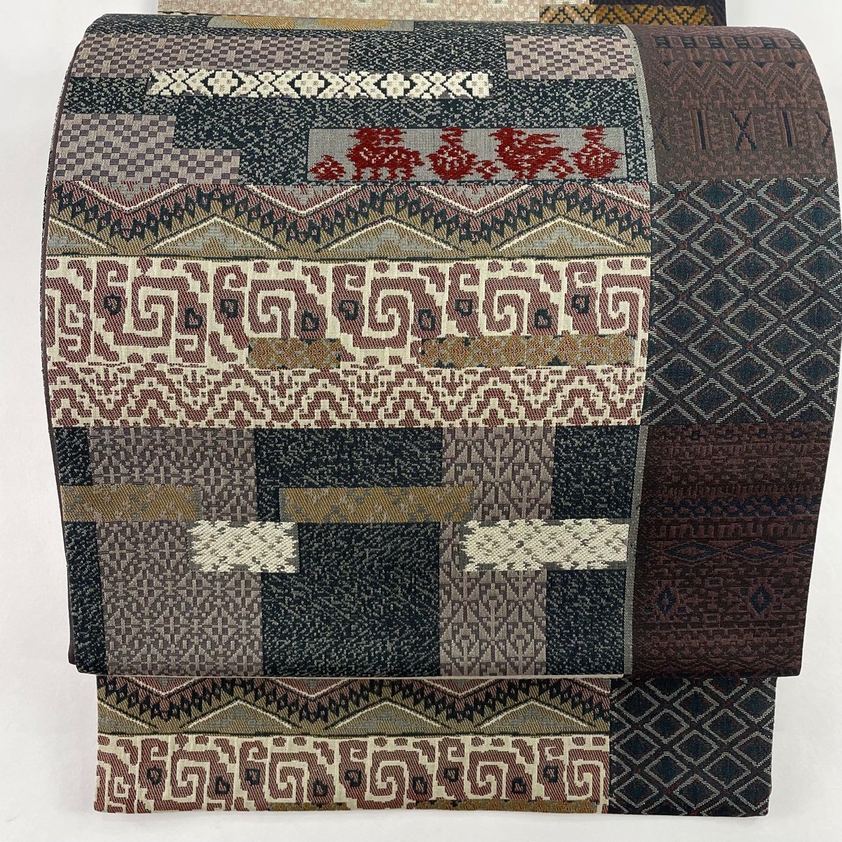 袋帯 美品 秀品 鳥 幾何学 茶紫 全通 正絹 【中古】