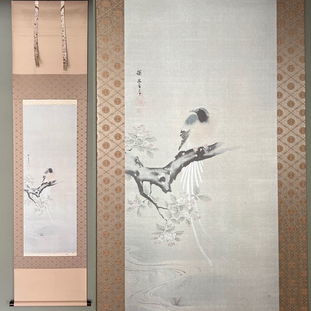 複製】美品 狩野探幽 『海棠に尾長鳥』 共箱 巧芸 ボストン美術館所蔵