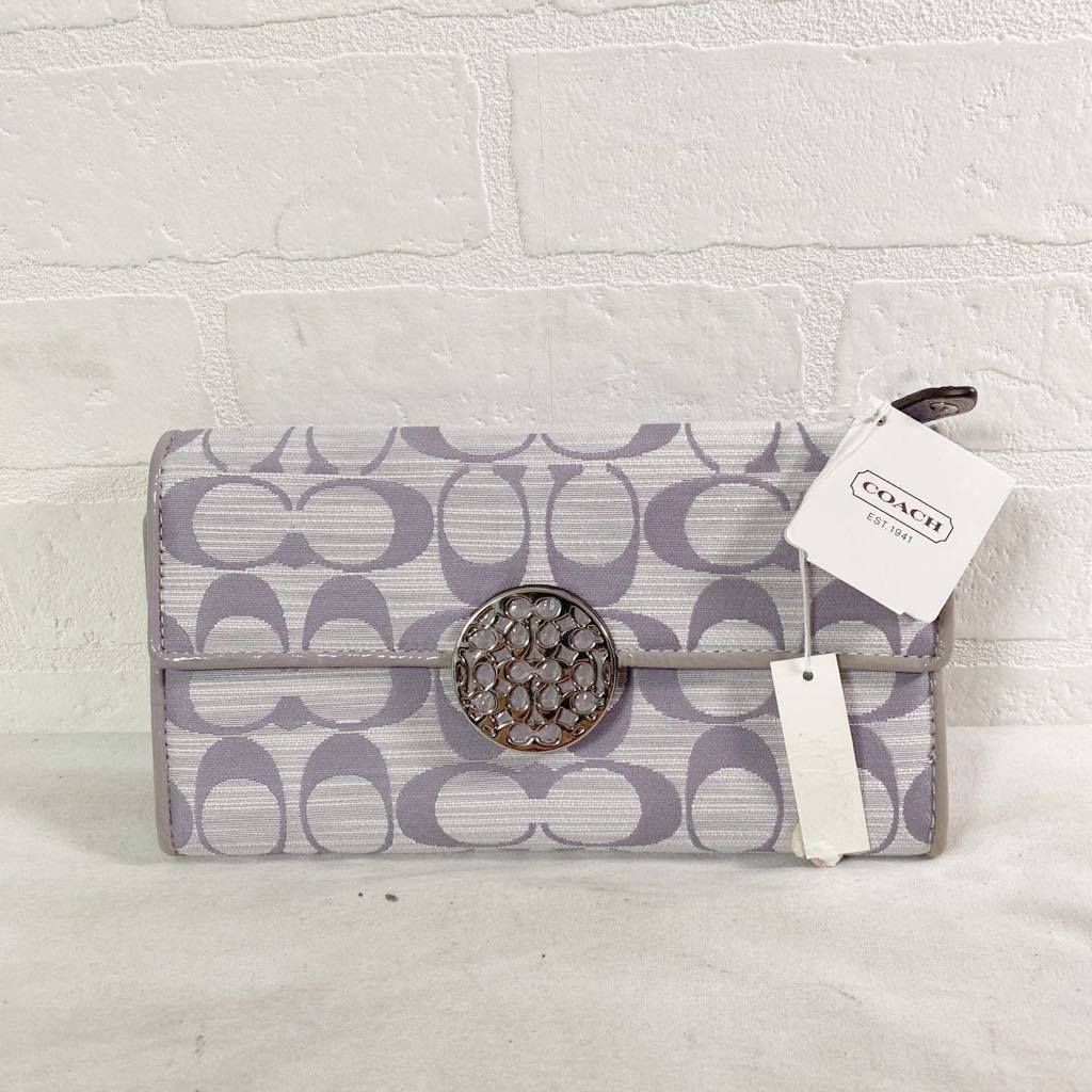 3404☆ 新品タグ付き COACH コーチ 長財布 三つ折財布 小銭入れあり レディース パープル モノグラム