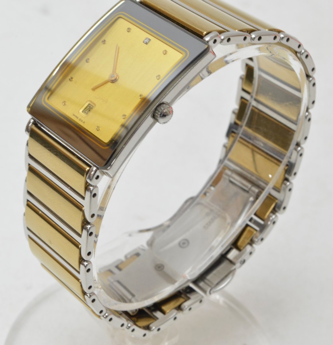 314 稼働 RADO 時計 ダイヤスター レディース ゴールド　スクエア 動作品 RADO DIASTAR クォーツ 1P石付 デイト スクエア ゴールド文字盤