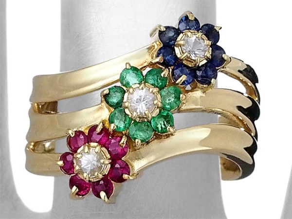 ダイヤ ルビー エメラルド サファイア フラワー デザイン リング K18YG 9.5号
