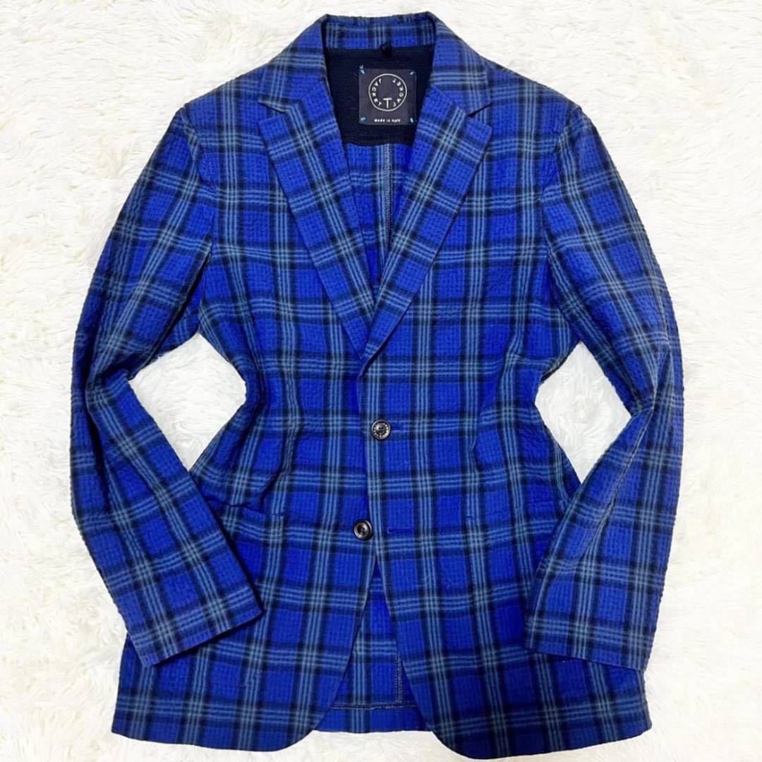 T-JACKET【シアサッカー 春夏 美品】テーラードジャケット シングル 紺 