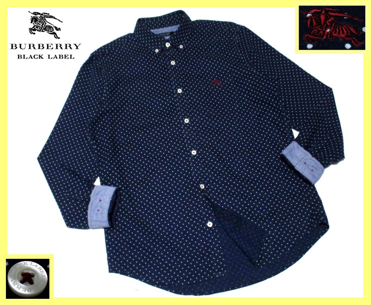 大人気サイズ L(3)☆バーバリーブラックレーベル レッドホース刺繍 ホワイトドット総柄 襟首・袖口裏ダンガリー生地 ボタンダウンシャツ