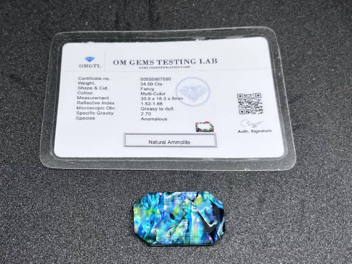 鑑定書付き】天然 アンモライト 34.50Ct 一点物 オパール化 原石 虹色 