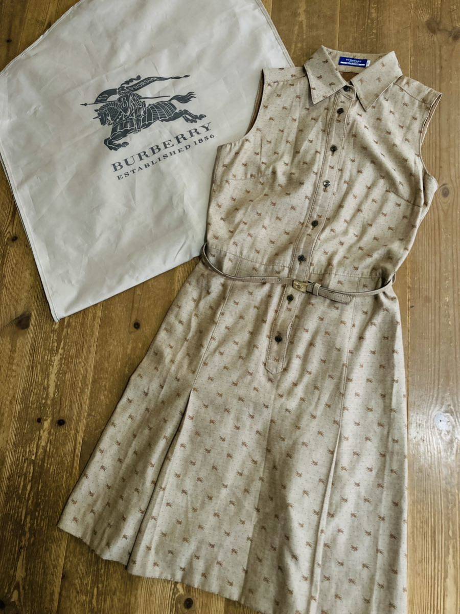 【春夏】BURBERRYLONDON バーバリーロンドン レディース38 ベルト付き ノースリーブワンピース 総柄 ホース刺繍 ブラウン