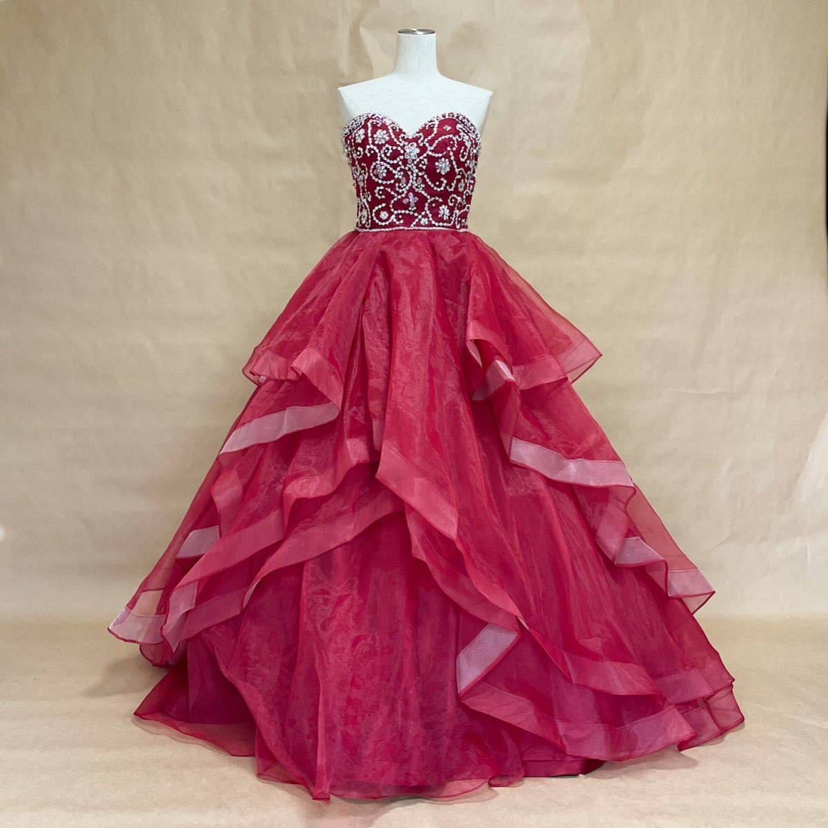 中古 USEDカラードレス 13号程度 ワインレッド 赤 RED 結婚式 演奏会 発表会 撮影衣装などに プリンセスラインドレス　ハートカット