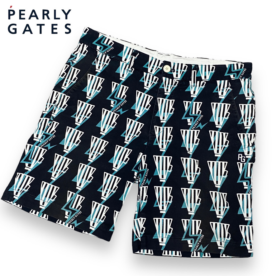 大人気 30周年 PEARLY GATES パーリーゲイツ ハーフパンツ ボトム ストレッチ メンズ 5 (L) ネイビー 総柄 ロゴ 刺繍 ゴルフウェア B663