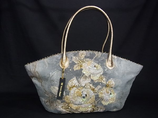 1円 ■極美品■ Think Bee! シンクビー キャンバス フラワー ビーズ トート ハンドバッグ ショルダー ライトブルー系×ゴールド系 AL0749