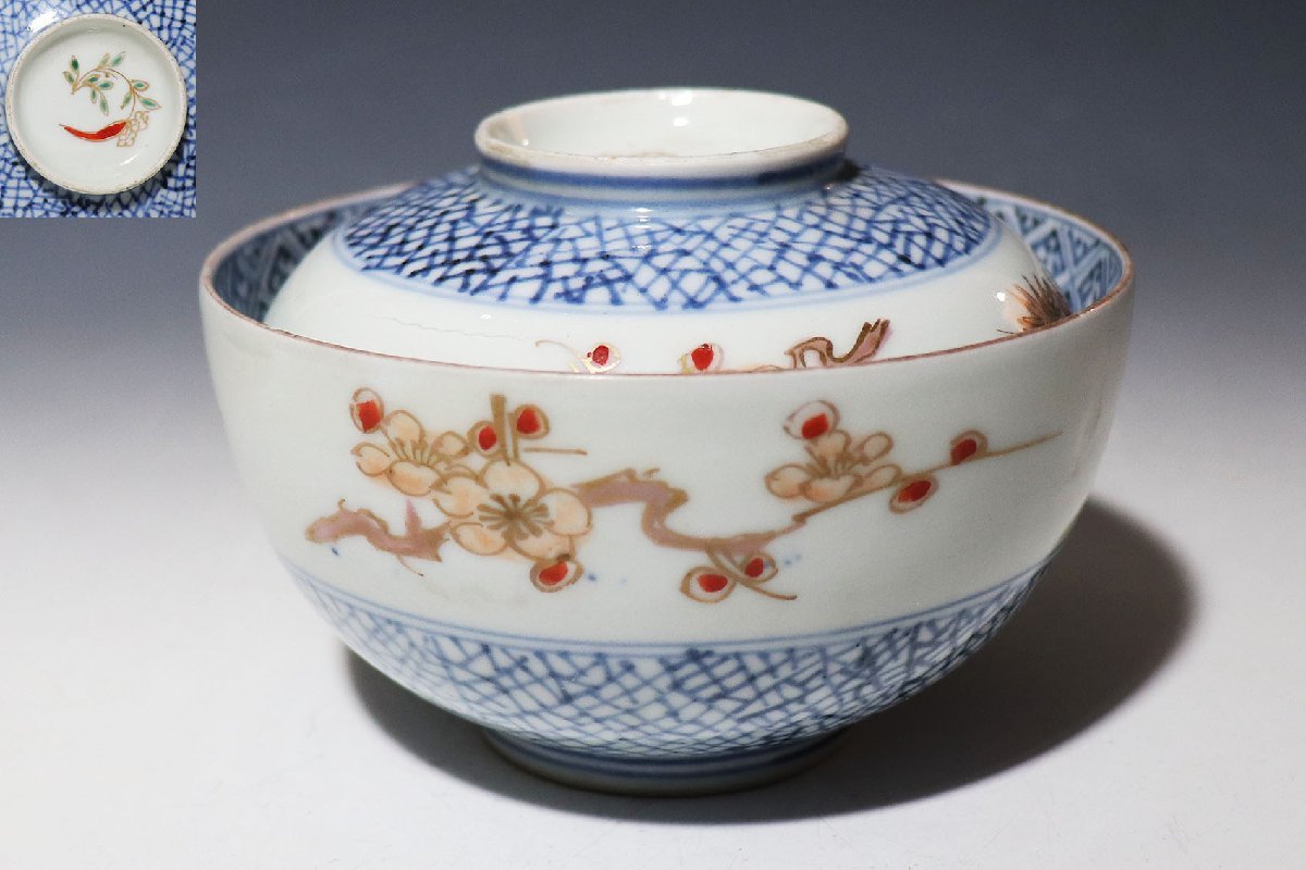 桃】古伊万里：色絵染付氷裂に松竹梅図茶碗 工芸品