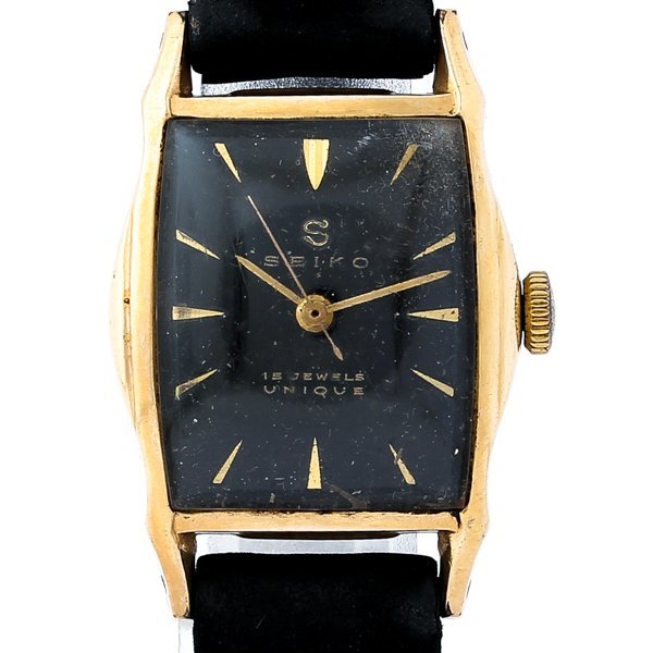 SEIKO セイコー 10183 UNIQUE ユニーク 手巻 15石 ブラック文字盤 14K GOLD FILLED Sマーク ベルト社外品 アンティーク 腕時計 #32518