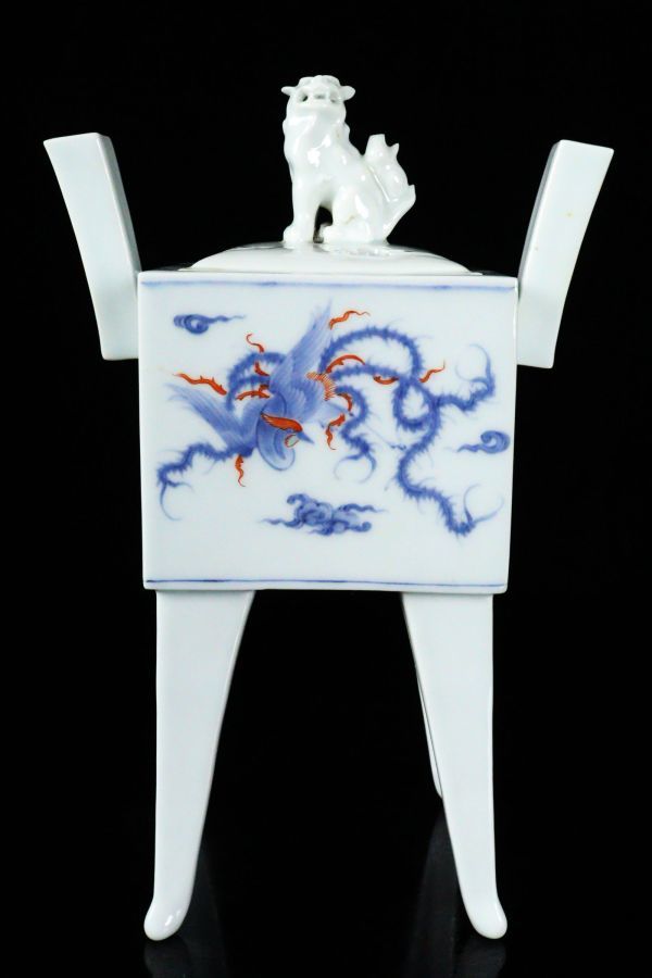 十二代酒井田柿右衛門 本人作 時代 色絵鳳凰文獅子摘四方足香炉 24.5cm 香道具 茶道具[5537u] 酒井田柿右衛門 十二代 香炉