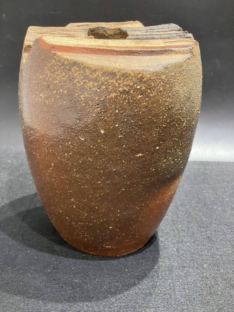 備前焼【 川端 文男 】造【 扁壺 】共箱・共布・栞付属 状態美品 完品