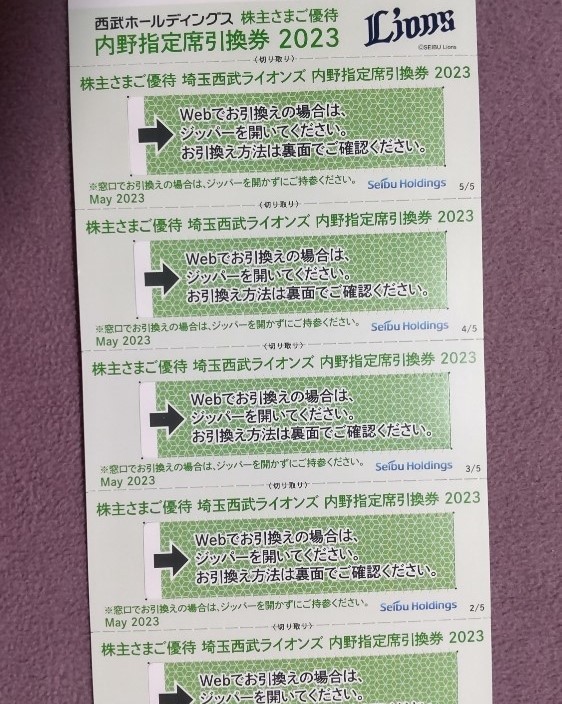 西武HD株主優待＊ 西武ライオンズ 内野指定席引換券10枚セットA