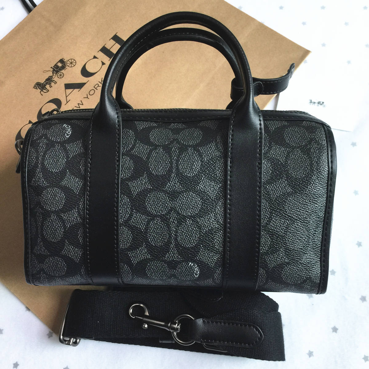 【極美品】COACH CA186 ミニボストン ハンドバッグ 総柄 ブラック 新品未使用】COACH コーチバッグ CA186 メンズミニボストンバッグ