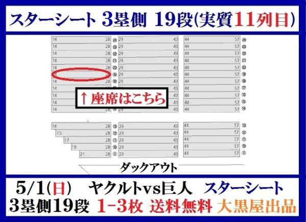 5/1 神宮 ヤクルトvs巨人 スターシート 3塁側19段(11列目) 1-3枚