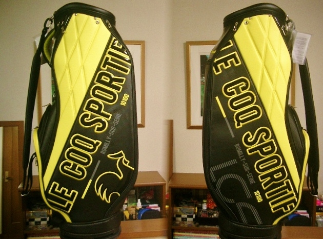 未使用　ルコック　スポルティフ　スタイリッシュ・モデル　斜ストレート文字　合皮レザー　黒黄　ゴルフバッグ