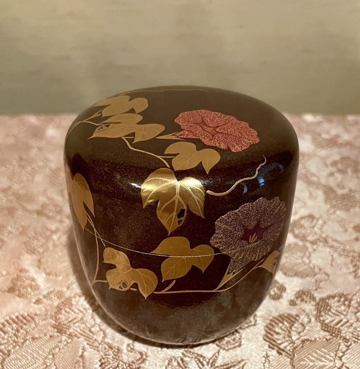 吉田華正】中棗 茶道具 銀錆塗 朝顔蒔絵 螺鈿 共箱付き 未使用品 (棗