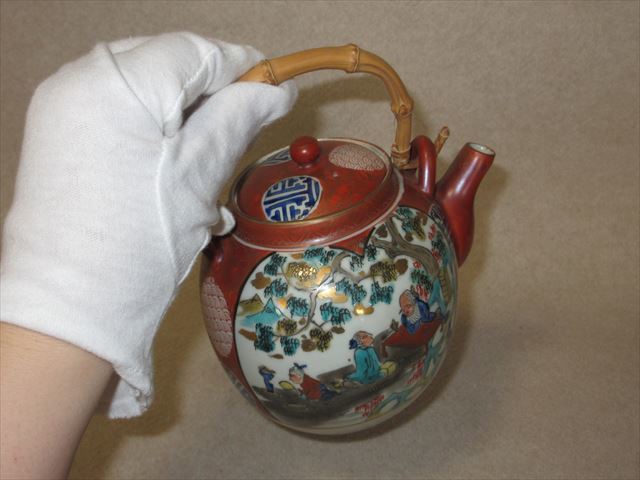 SA135 煎茶器 九谷 庄三 赤絵丸急須 色絵賢人楼閣之図 茶道具(急須 