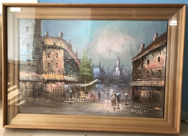 D.M. PARK 油彩画 街角の風景 タイトル不明 額縁入り D.M. PARK 油彩画