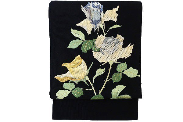 アンティーク　薔薇　刺繍帯　大正ロマン　4メーター3センチ位　六通柄 送料無料】アンティーク 開き 名古屋帯 黒 水色 黄色 バラ 刺繍 大正