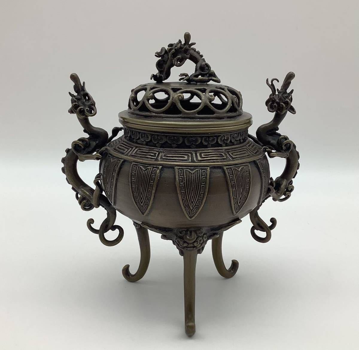 ⑫ 月芳作 須賀月芳 香炉 蝋型鋳銅 雲竜文 雲龍文 三足 高岡銅器 銅製