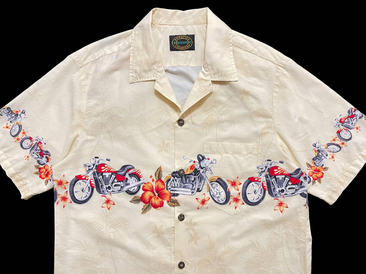ハワイアンリザーブコレクション ハワイ製 コットン100% バイク ハイビスカス アロハシャツ オープンカラーシャツ M ベージュ