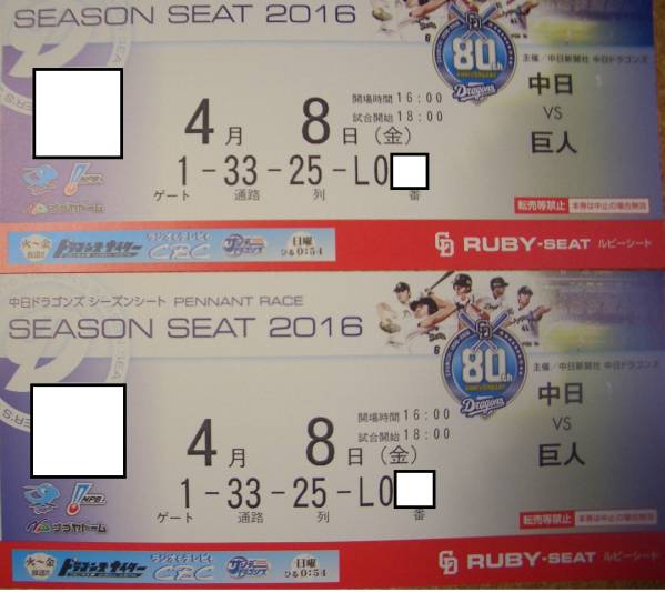 スポーツ 中日vs巨人 観戦エメラルドシート ペアチケット 2連番