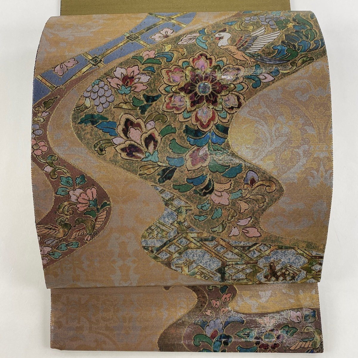 袋帯 美品 秀品 草花 鳥 箔 螺鈿 茶色 お太鼓柄 正絹 【中古 