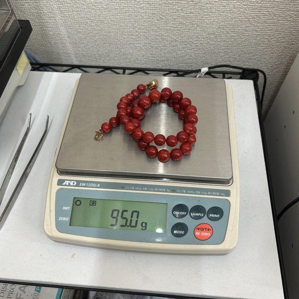 1円 血赤珊瑚 サンゴ ネックレス 丸玉 総重量95g 10.35-14.63mm K14 