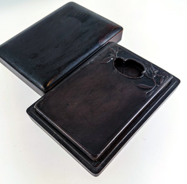 中国 端渓 柑橘刻長方硯 黒檀硯箱入 古硯 唐硯 書道家