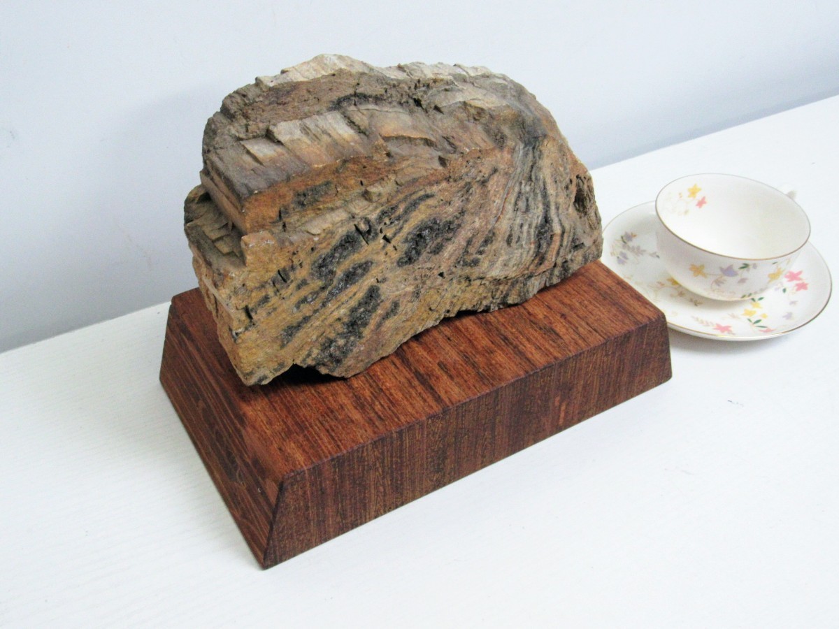 627k 中古 木の化石? 飾り石 木製台座付き 自然石 鑑賞石 鉱石 鉱物  