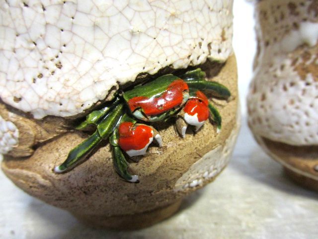 水月焼 天神蟹 夫婦湯呑 蓋付 2客 未使用 外箱付