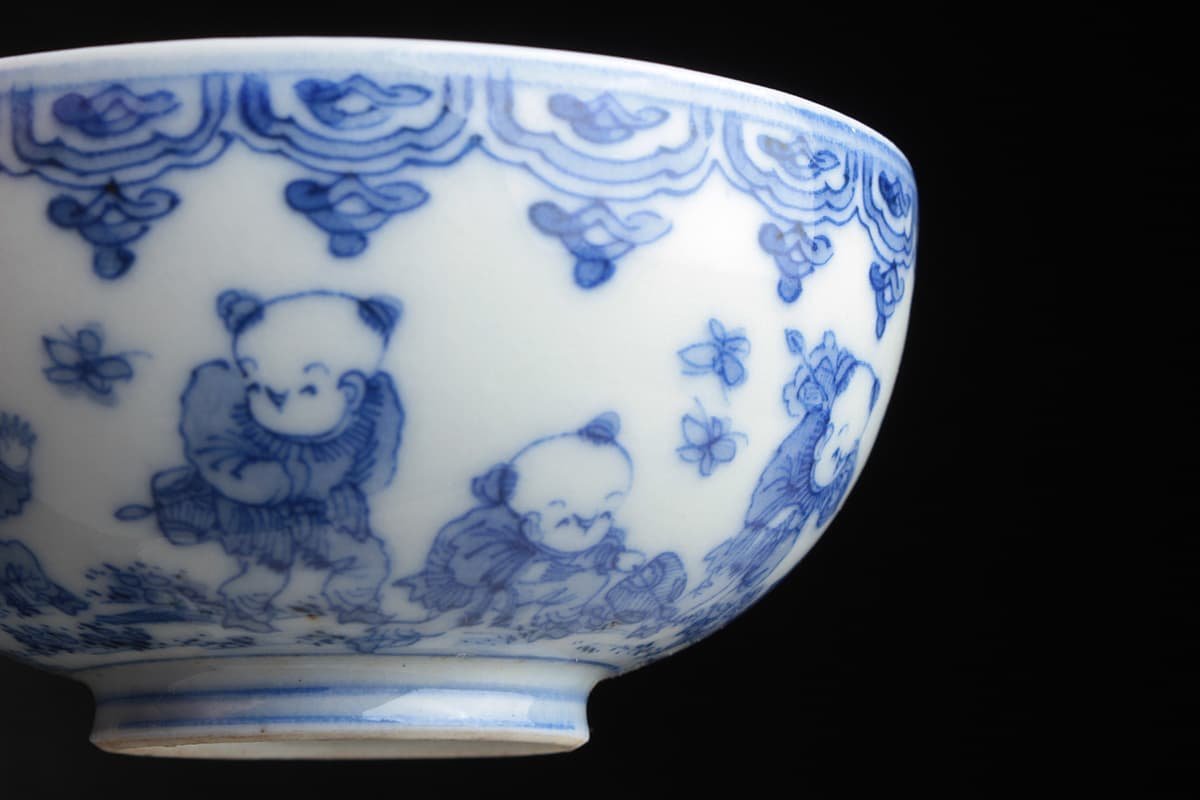 古染付 清朝 青花 銀覆輪 菊花図 煎茶碗 3客 古染付
