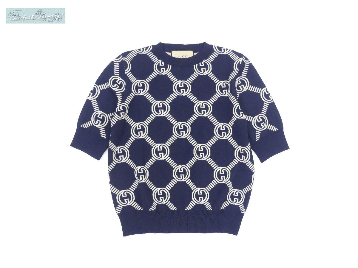 新作 Sランク GUCCI GGウールジャガードリバーシブルトップ XS ブルー×アイボリー 23SS 692702