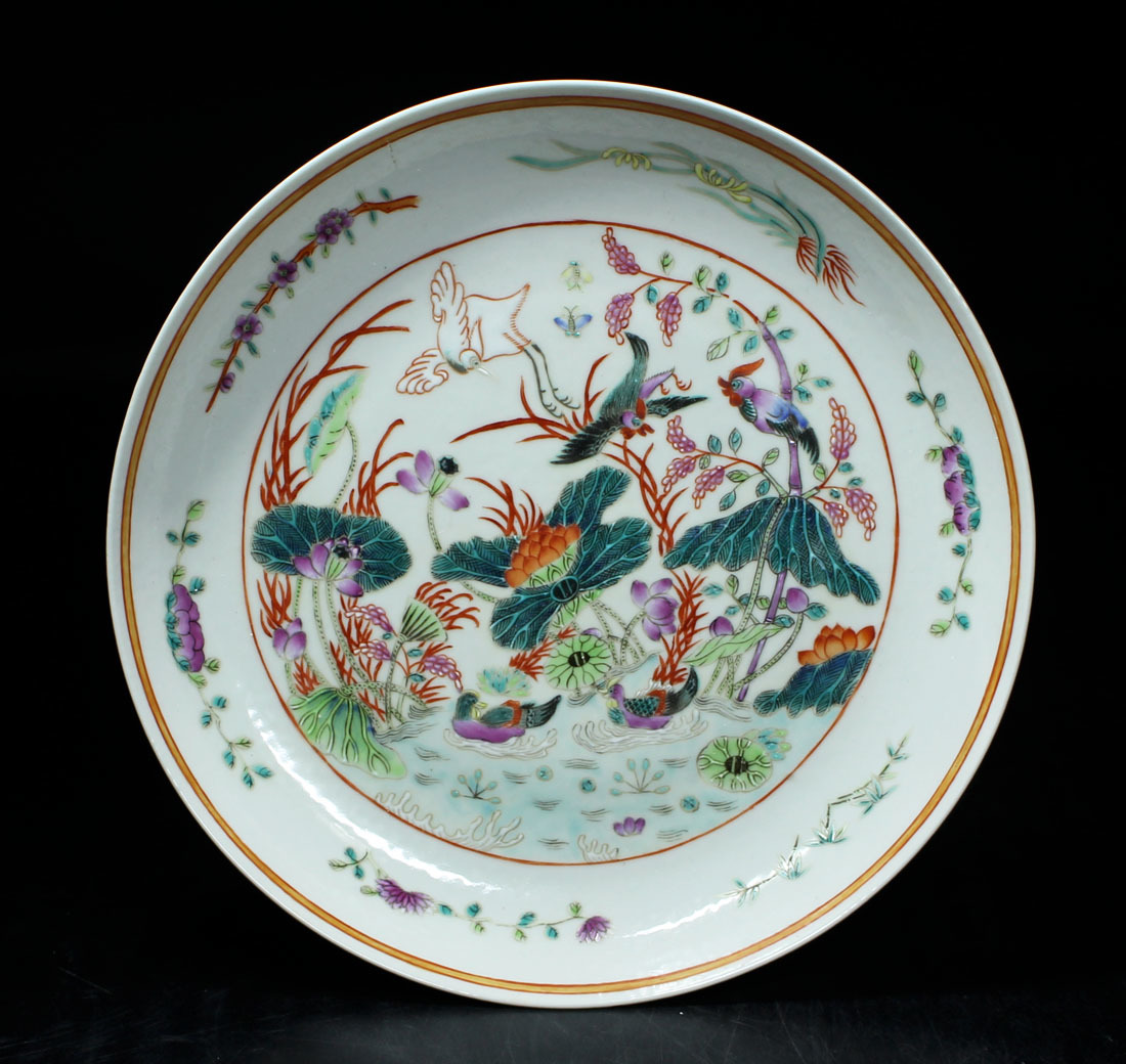 銘品 官窯景徳鎮窯粉彩蓮池花鳥紋盤 嘉慶年製・清時代 中国古玩 浅谈清