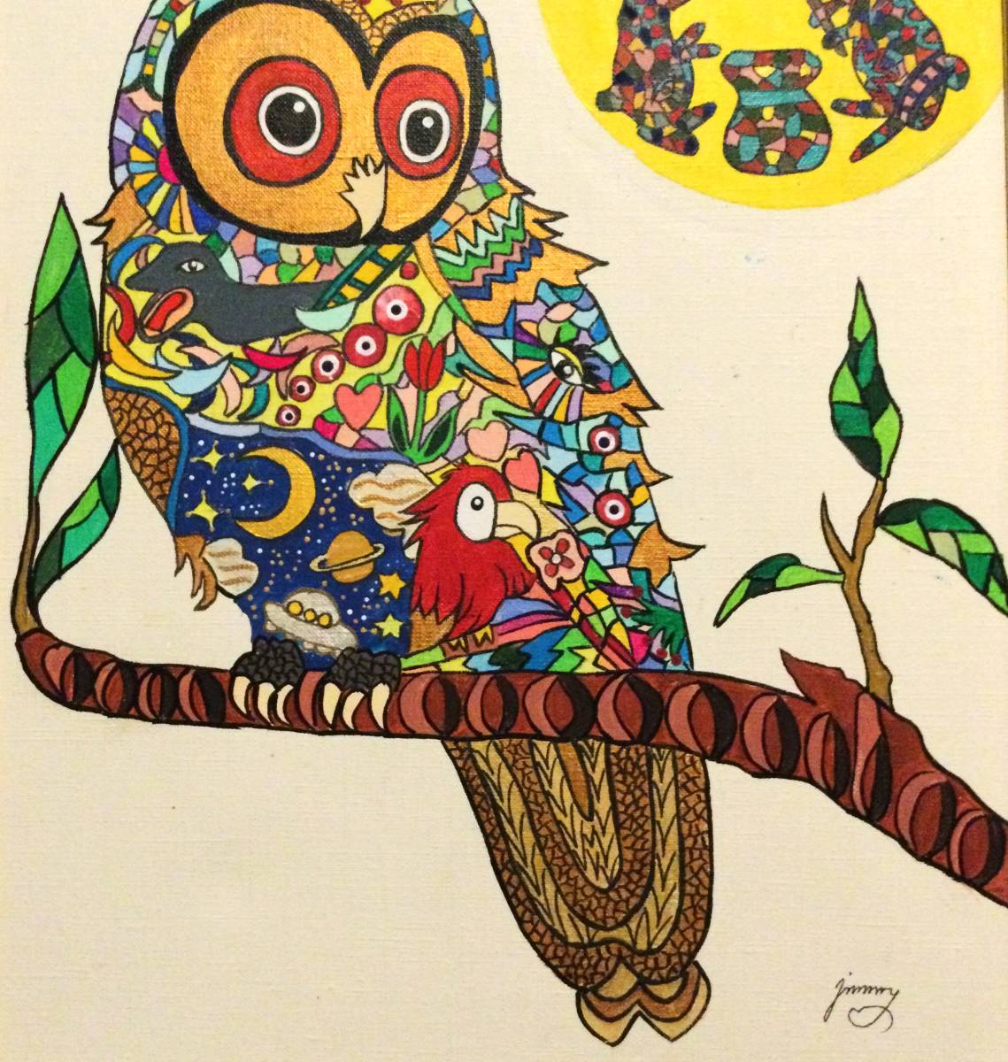 異色の天才画家◇ジミー大西◇梟（森）フクロウ◇肉筆アクリル画◇新額 