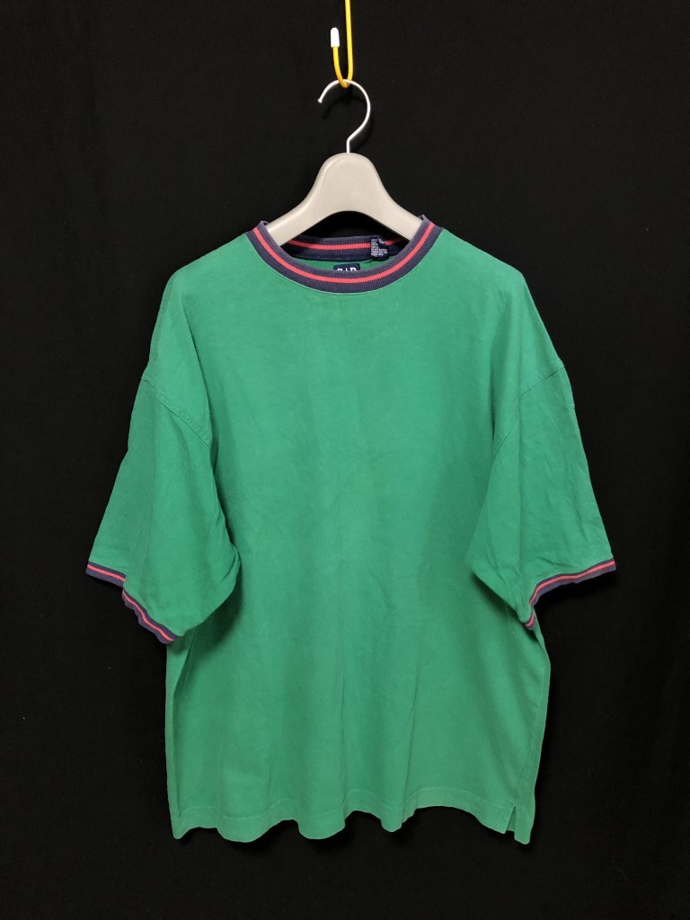 USA製　旧タグ 紺タグ◆88~90s◆オールド GAP 半袖Tシャツ L ラインリブ　◆USA：Lサイズ　緑　ヴィンテージ