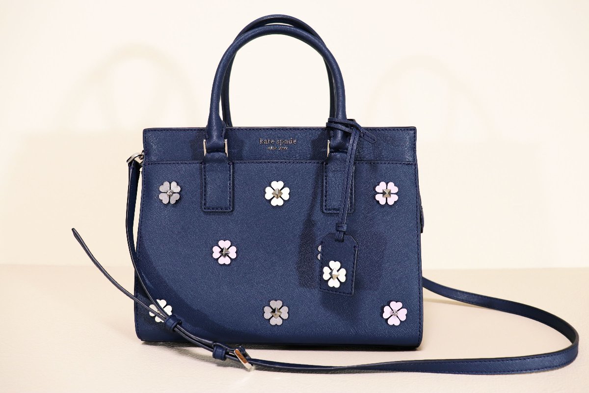 ☆美品☆ケイトスペード/花モチーフ2WAYレザーハンドバッグ/ミディアムサッチェル：紺xv086