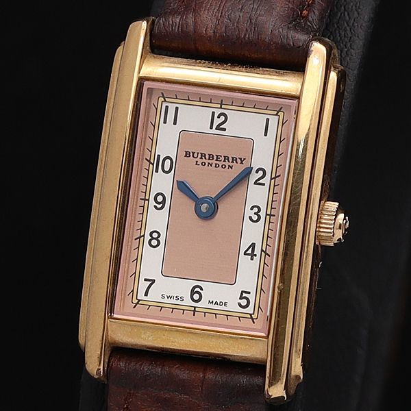 1円 稼働 良品 バーバリー QZ 12100L 白×ゴールド系文字盤 スクエア レディース腕時計 AJW 3428000HSY