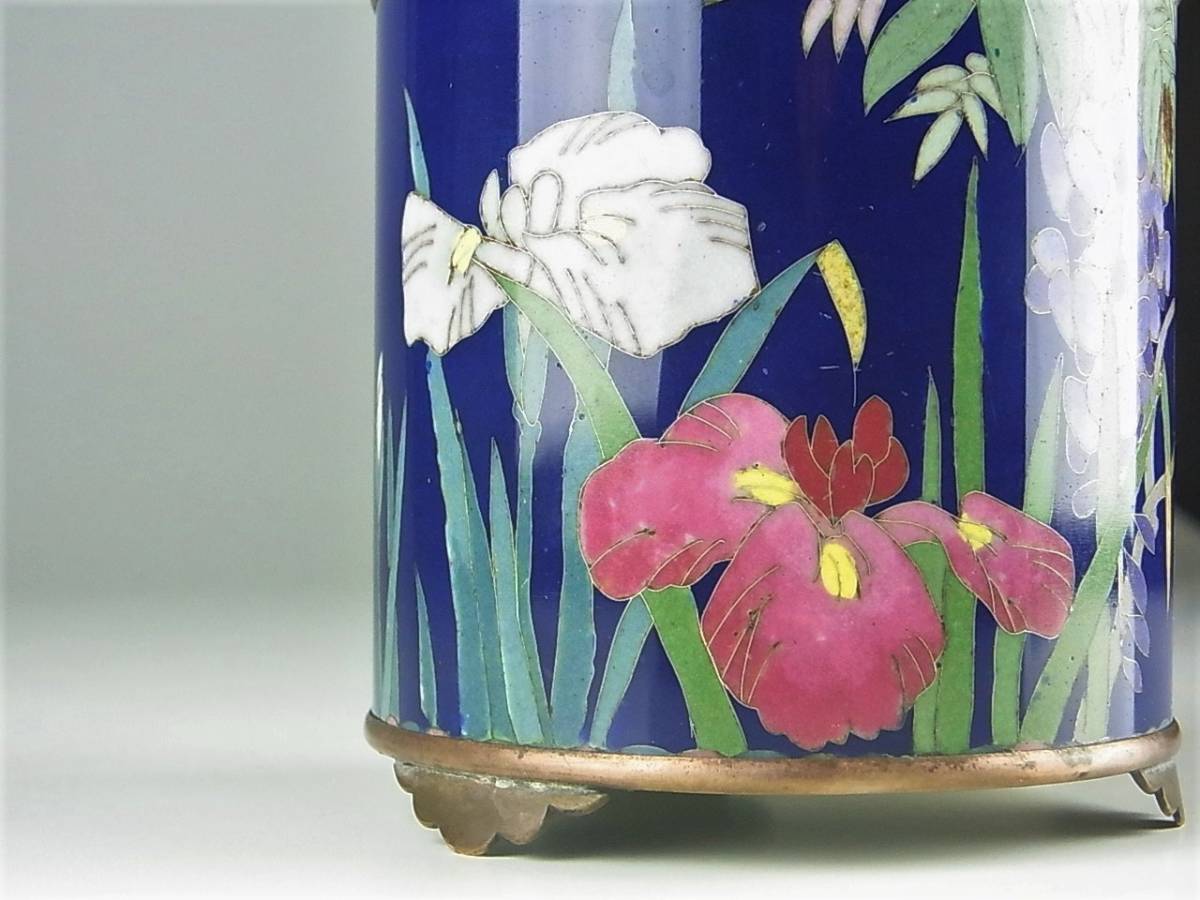 明治期 尾張七宝 希少 名品 明治七宝 銀線植線 藤花菖蒲図銀火屋三つ足