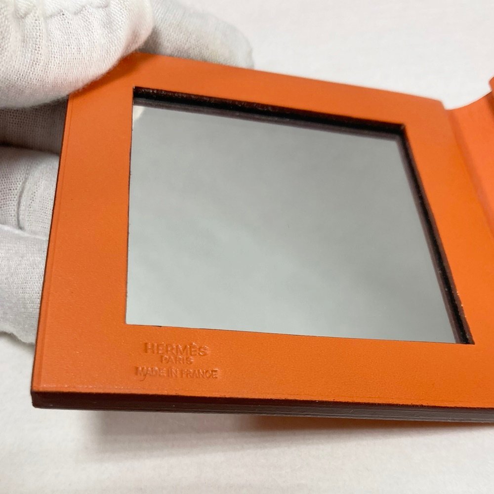 YA1 HERMES エルメス 二つ折り コンパクトミラー レザー オレンジ 手鏡