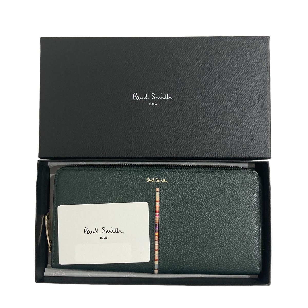 Paul Smith ポールスミス インセットクロスオーバーストライプ ラウンドファスナー ウオレット 牛革 グリーン PWD655 【中古】 N2307K90