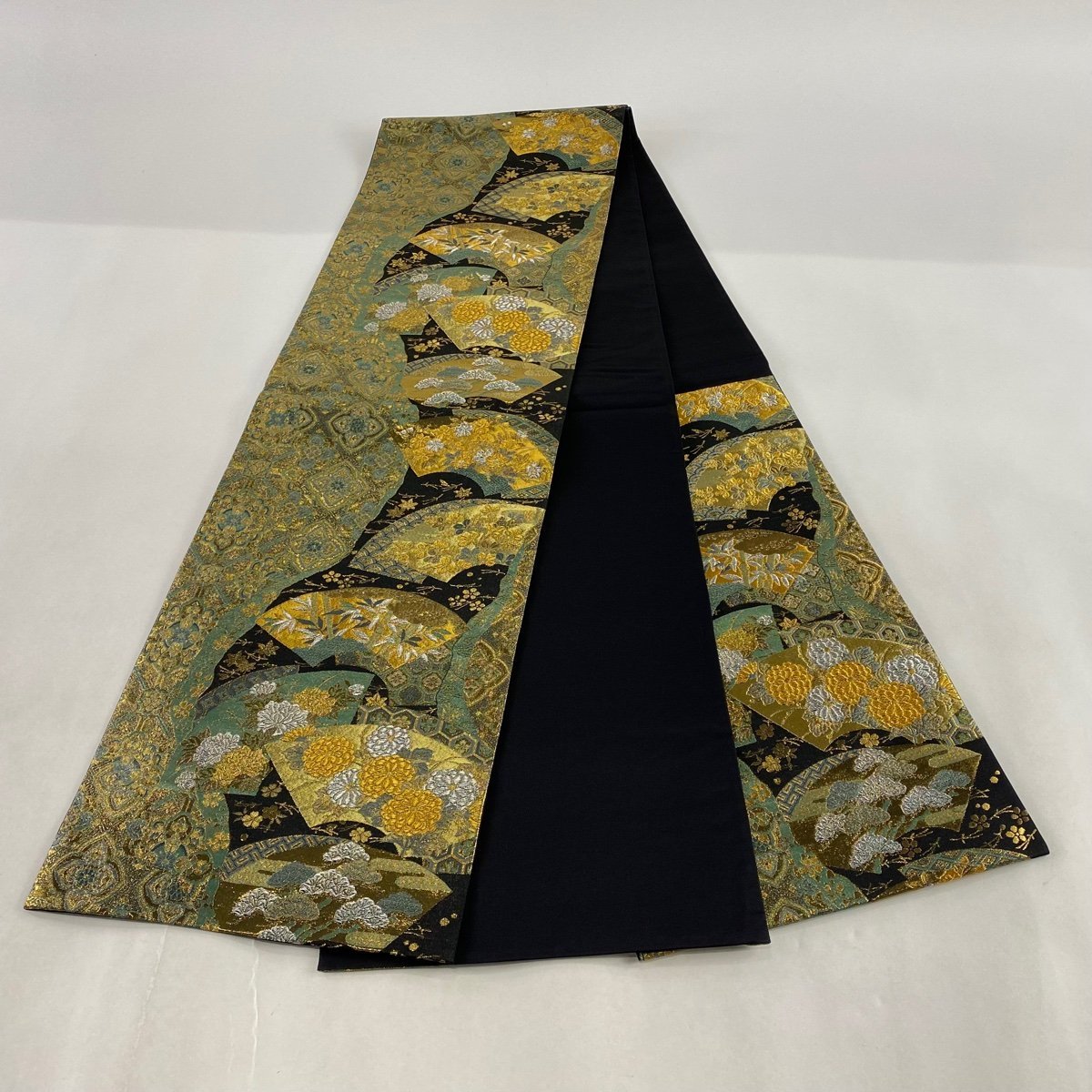 袋帯 美品 名品 落款 証紙 じゅらく 扇 草花 金銀糸 箔 金色 六通 正絹 【
