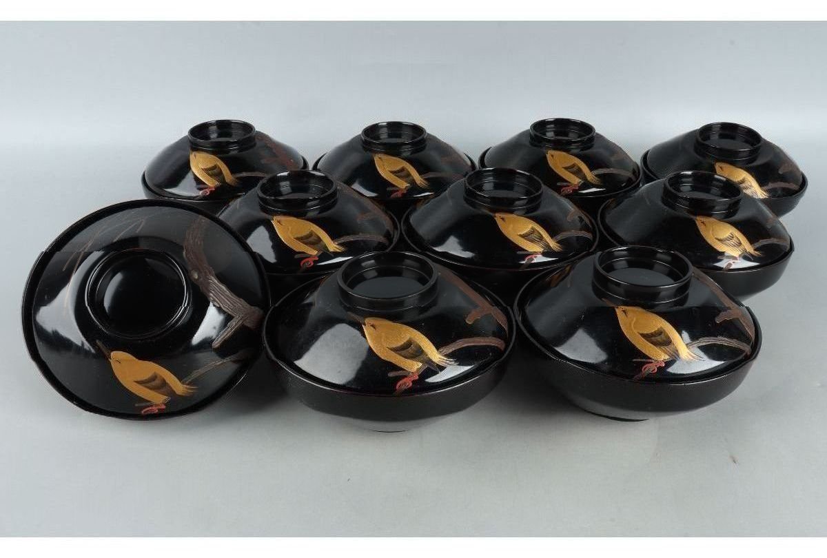 [URA]漆塗川蝉蒔絵吸物椀10客/14-7-61 (検索)骨董/漆塗/漆器/吸物椀/煮物椀/茶碗/蓋茶碗/蓋碗/蓋物/金彩/鳥紋