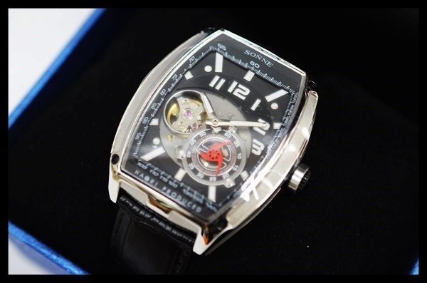 極美品・ほぼ未使用 SONNE×HAORI 自動巻き 腕時計 N029 ブラック文字盤 レザーベルト 岩城滉一 元箱/説明書有