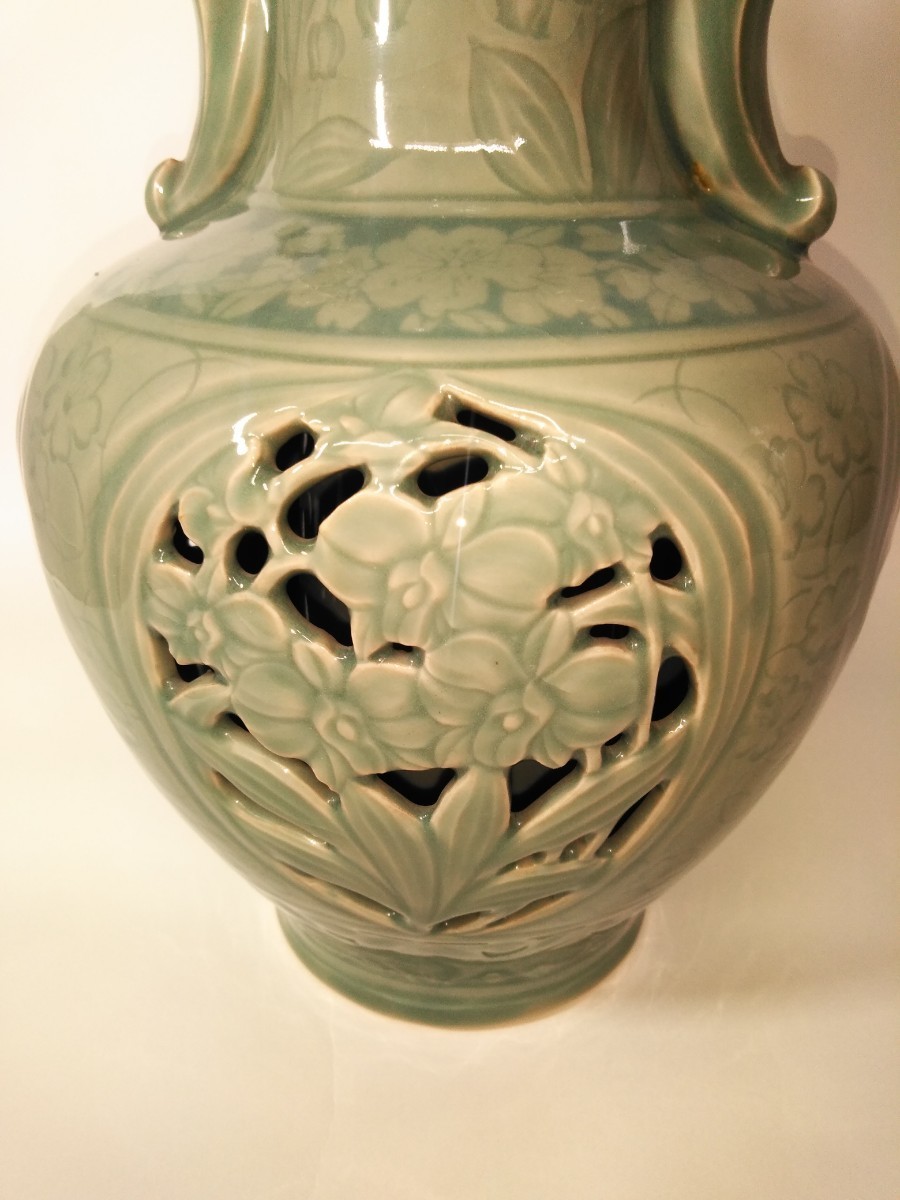 韓国青磁 在印 耳付 大型 花瓶 花器 華道 華道具 骨董 古玩 透かし 花