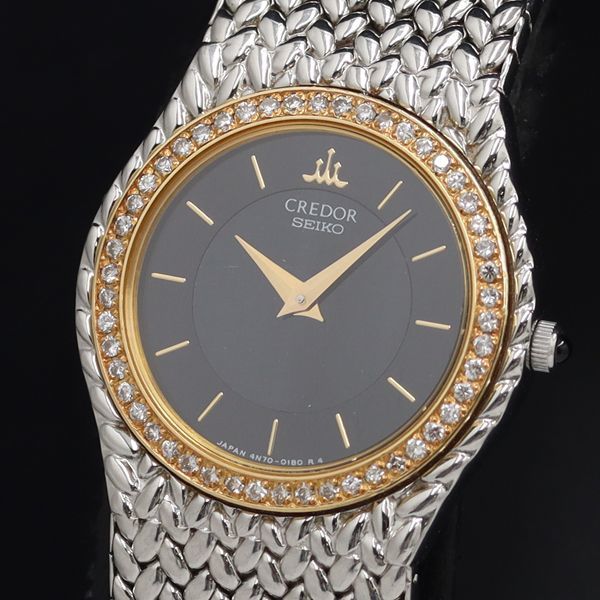 1円 稼働 良品 セイコー SS×18KT クレドール ダイヤベゼル 黒文字盤 4N70-0170 QZ レディース腕時計 OGH 8549200